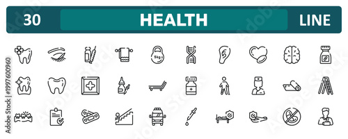 health outline icon set featuring trebol, medicine for heart, yoga mat, broken arm icons.