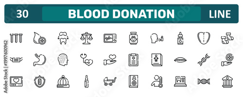 blood donation outline icon set featuring blood sample, essential oils, adn, blood bank icons.