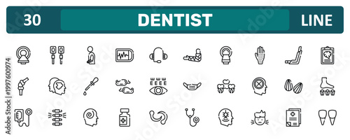 dentist outline icon set featuring magnetic resonance, allergic, almond, incisor icons.