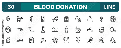 blood donation outline icon set featuring drop counter, cupping, dad, platelet icons.