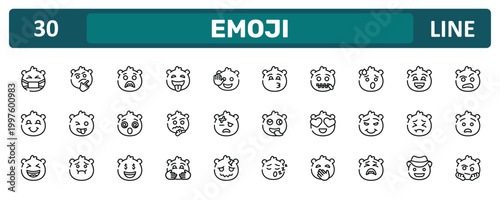 emoji outline icon set featuring sick emoji, exhausted emoji, pensive suspect icons.