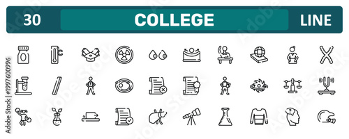 college outline icon set featuring medication, politics, libra, baseball helmet icons.