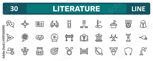 literature outline icon set featuring qa, sandbox, biological, adjustable lamp icons.