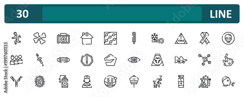 outline icon set featuring physical, virus warning, cells, cover cough icons.