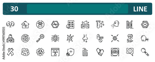 outline icon set featuring kidney, sneezing, disease prevention, magnifying glass icons.