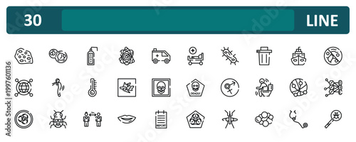 outline icon set featuring amoeba, garbage, , virus search