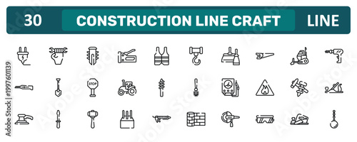 construction line craft outline icon set featuring electrical plug, metal saw, construction tools, wrecking ball icons.