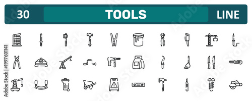 tools outline icon set featuring rectangles, cleaver, knives, electric saw icons.