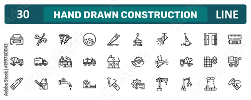 hand drawn construction outline icon set featuring toolbox hand drawn tool, sweeping broom, tiles detail of construction, hammer in hand icons.