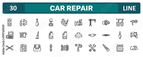 car repair outline icon set featuring electric socket, pump, garden palette, windshield icons.
