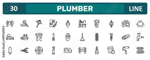 plumber outline icon set featuring cement mixer, paper lantern, woods, radiator icons.