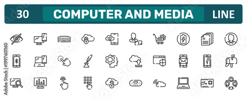 Foto computer and media outline icon set featuring visibility off, charging circle, cracked screen, three users icons