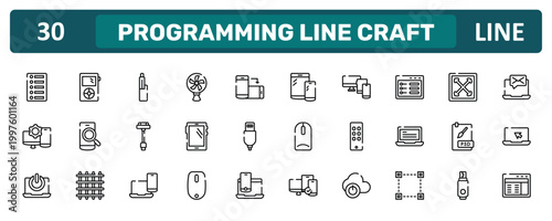 programming line craft outline icon set featuring list of options, ui de, psd file, web interface icons.