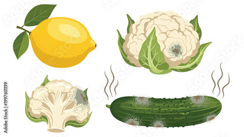 Collection of spoiled and moldy vegetables and fruits including lemon, cauliflower, and cucumber showing signs of decay and waste.