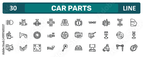 car parts outline icon set featuring car fog lamp, car alternator, disc brake, parking light icons.