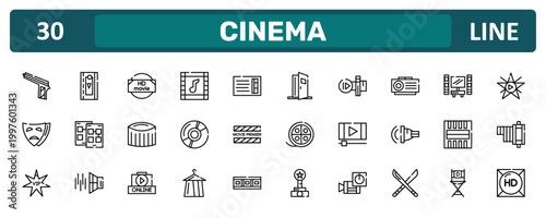 cinema outline icon set featuring hitman, slide projector, freeze frame, hd icons.