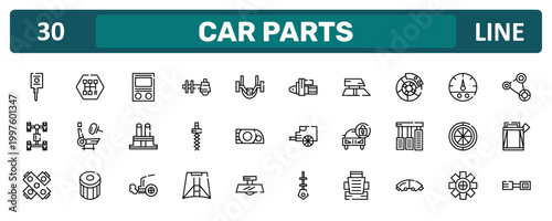 car parts outline icon set featuring car ignition, car brake, spare wheel, petrol cap icons.