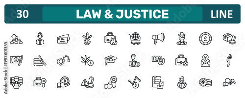 law & justice outline icon set featuring ingot, detective, null, corruption icons.