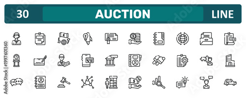 auction outline icon set featuring online support, worldwide, cooperate, old car icons.