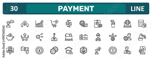 payment outline icon set featuring apology, auctioneer, personal security, dive icons.