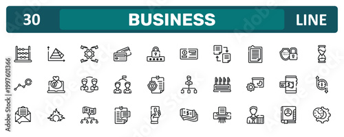 business outline icon set featuring abacus, explanation, mobile payment, time management icons.