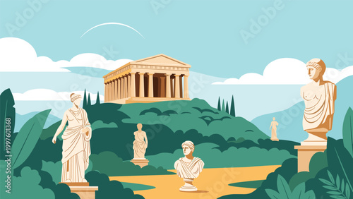 Panoramic view of an ancient greek acropolis featuring a majestic temple on a hill surrounded by statues and lush green foliage.