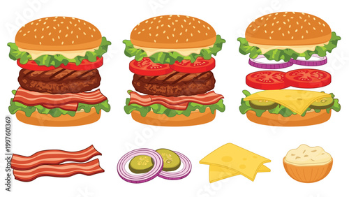 Set of delicious hamburgers with various layers and fresh ingredients like bacon, cheese, tomatoes, onions, and pickles on display.