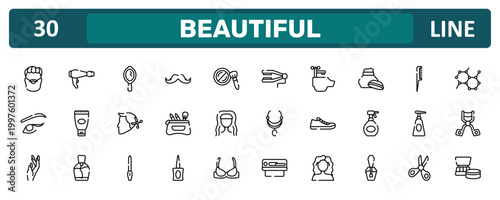 beautiful outline icon set featuring man with moustache and bear, hand cream, soap dispenser, cosmetics products icons.