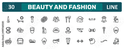 beauty and fashion outline icon set featuring eyeliner bottle, long hipster moustache, makeup brush, therapy icons.