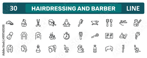 hairdressing and barber outline icon set featuring pressure, pets hair salon tools kit, shaving foam, barber chair icons.