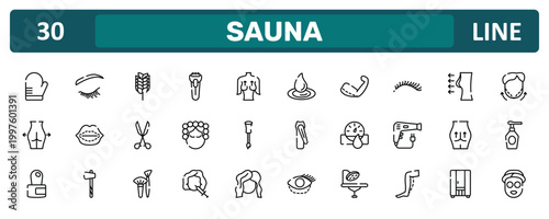 sauna outline icon set featuring oven mitt, eyelashes, null, sleeping mask icons.