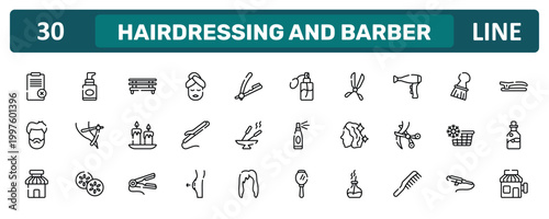 hairdressing and barber outline icon set featuring disclaimer, hairdryer side view, cold water, barber icons.