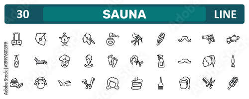 sauna outline icon set featuring dressing table, mustache shape, ponytail hair, whisk icons.