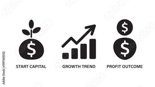 Investment Strategy Icons for Startup Capital, Profit Trends, and Financial Success Outcomes