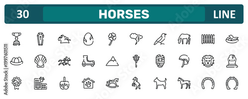 horses outline icon set featuring horses races trophy, horse grazing, lion face, horseshoe tool icons.
