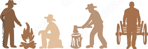 pioneer day men silhouettes set with woodcutter chopping wood settlers resting by campfire and pulling handcart for historical design
