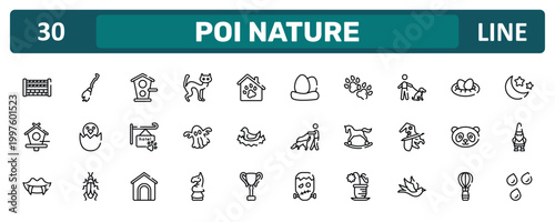 poi nature outline icon set featuring fence for horses jumps, dog with owner, panda face, raindrops icons.