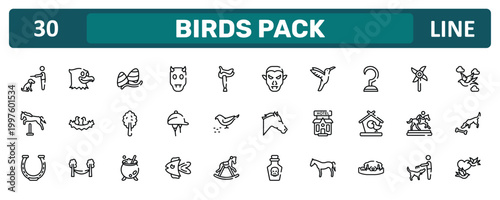 birds pack outline icon set featuring null, hook, trophy of horses races, birds couple icons.