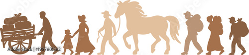 pioneer day people silhouettes border for historical migration trek with horse and handcart for american heritage celebration design
