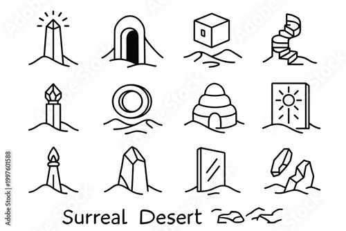 Surreal Desert Icons. Surreal desert structures. Line outline icon set of surreal desert structures: glowing
