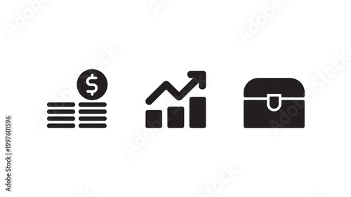 Financial Growth Icons Featuring Stacked Coins, Investment Chart, and Treasure Chest for Wealth Management