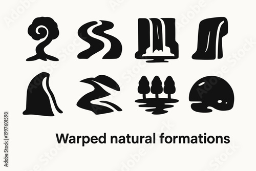 Warped Nature Icons. Warped natural formations. Filled icon set of warped natural formations: spiraled tree,