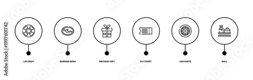 vehicles and transport outline icon set featuring life bouy, nursing room, car parts, null icons.