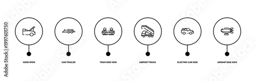 transporters outline icon set featuring hood open, car trailer, electric car side view, airship side view icons.