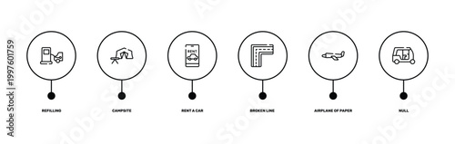 airplanes outline icon set featuring refilling, campsite, airplane of paper sheet, null icons.