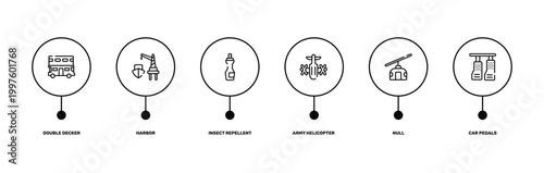 driving school outline icon set featuring double decker, harbor, null, car pedals icons.