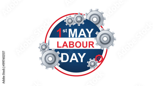 1st May Labour Day emblem with gears celebrating international workers day with industrial concept vector illustration on white background
