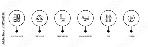 us road signs outline icon set featuring semaphore lights, keep in lane, yield, t junction icons.