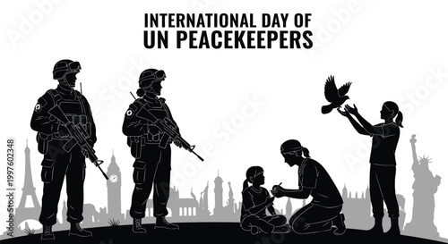 International Day of UN Peacekeepers highlighted by military personnel protecting civilians and a dove released symbolising peace and hope globally.