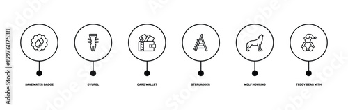general outline icon set featuring save water badge, dyupel, wolf howling, teddy bear with sleep hat icons.